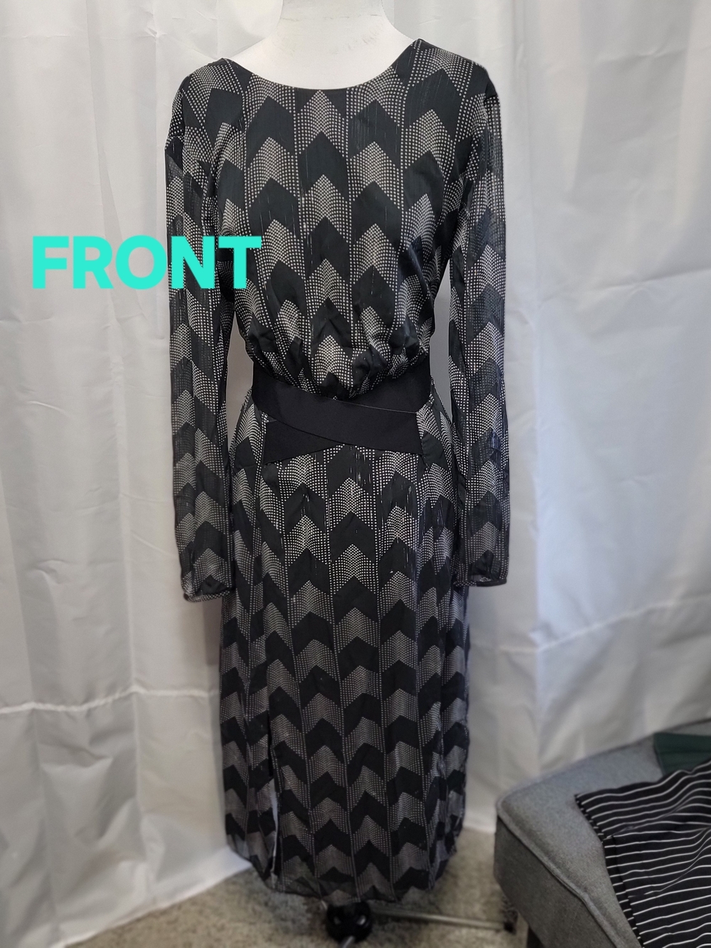 Ted Baker Black & White Geometric Print Longsleeve Dress With Black Belting
